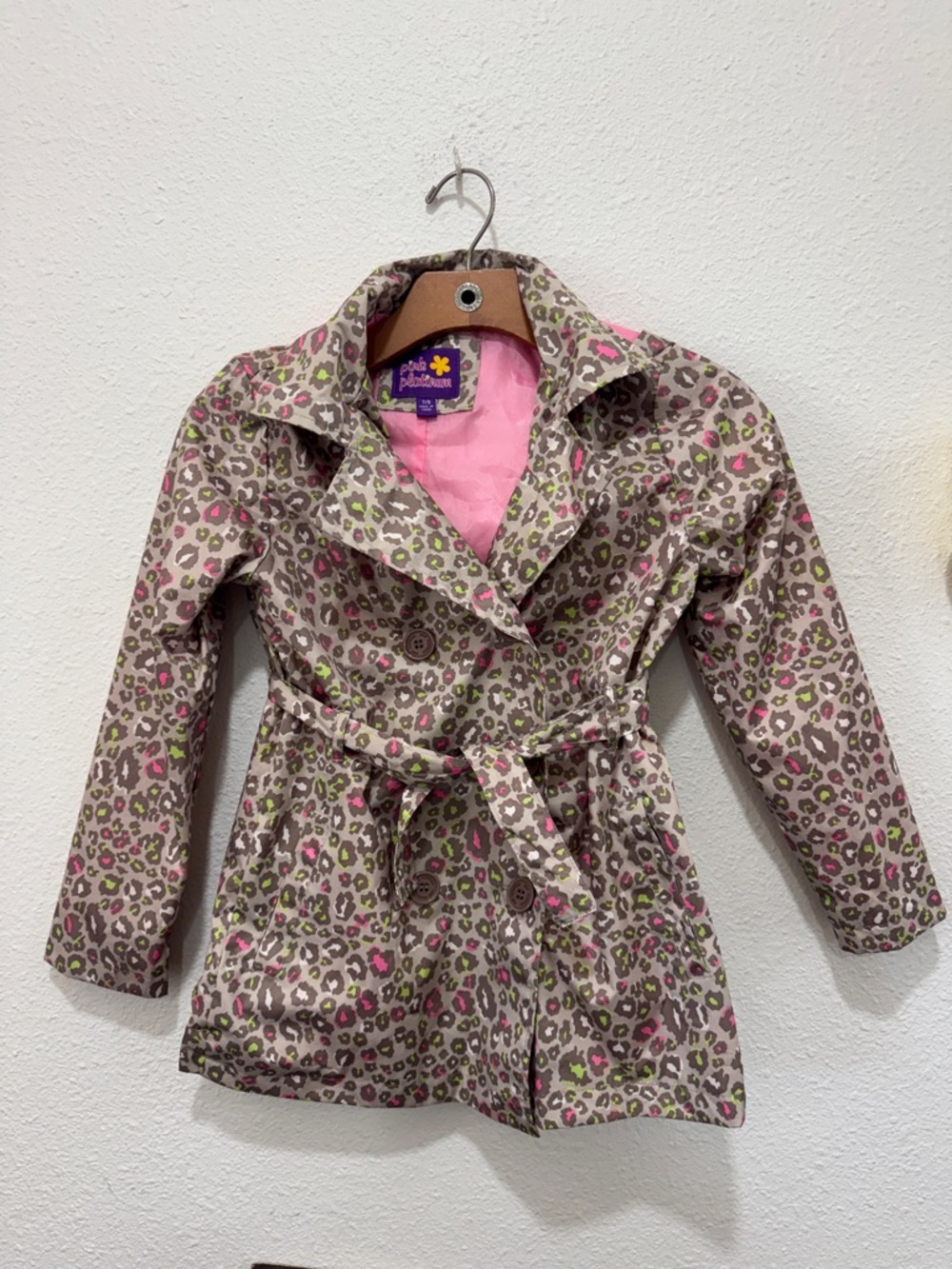 Pink Platinum Leopard-Print Rain Jacket with Pink Lining and Green Accents